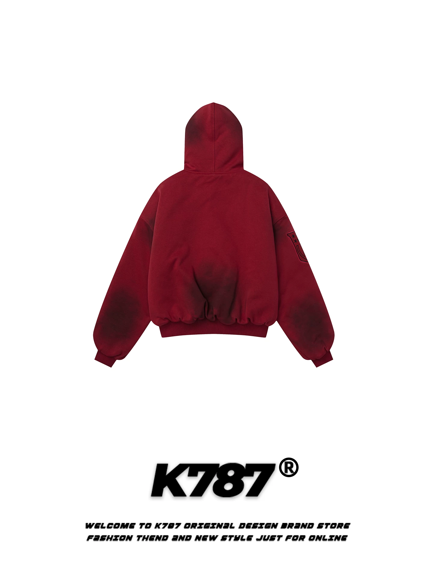 Áo khoác cotton có mũ trùm đầu thêu chữ cổ điển Mỹ K787 dành cho nam và nữ, áo khoác cotton có khóa kéo màu đỏ tía ấm áp cổ điển hợp thời trang