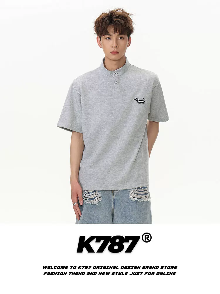 K787 Áo thun ngắn tay cổ đứng thêu dachshund cổ điển kiểu Mỹ unisex đa năng dáng rộng cặp đôi áo thun nửa tay