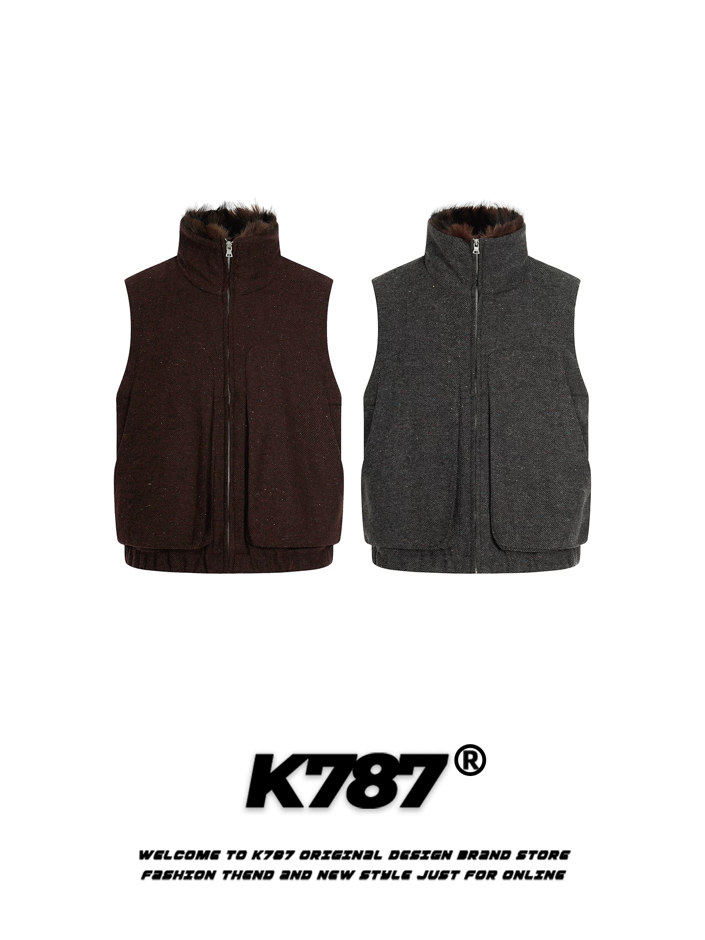 K787 Áo vest cổ đứng cổ lông phong cách cổ điển retro của Mỹ dành cho nam và nữ, dáng rộng, dày dặn, ấm áp, mặc nhiều lớp, áo khoác cotton đôi cho mùa đông.