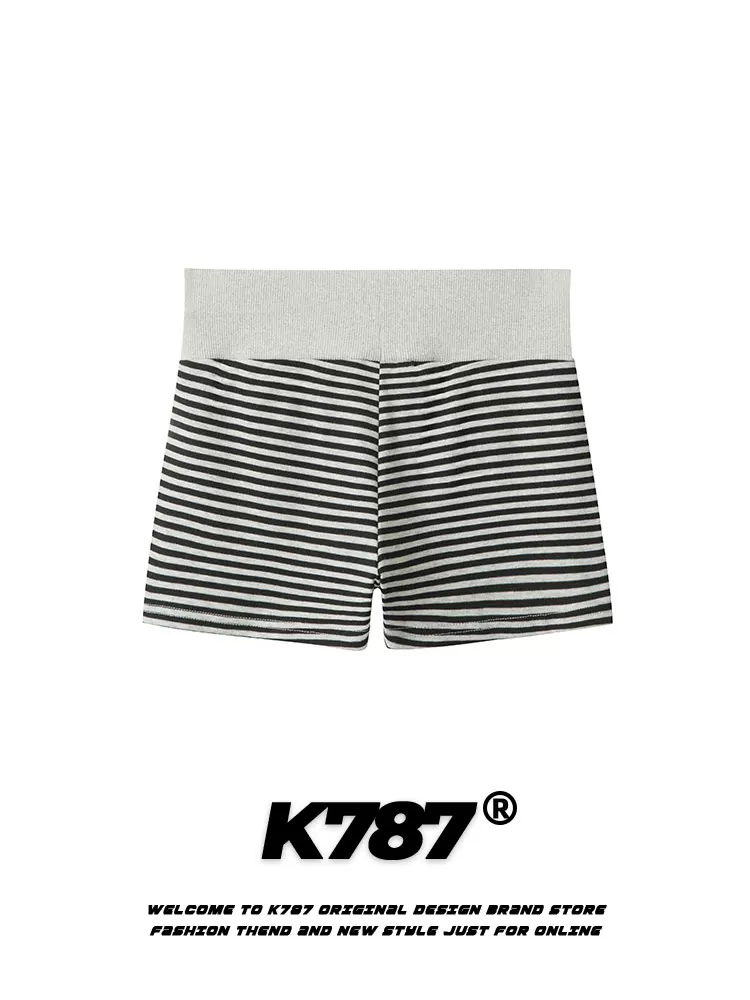Quần short nữ K787 kiểu Mỹ cổ điển, sọc, dây rút, lưng rộng, phong cách thường ngày, quần thể thao ôm sát, dáng thẳng, tôn dáng, thích hợp cho mùa hè
