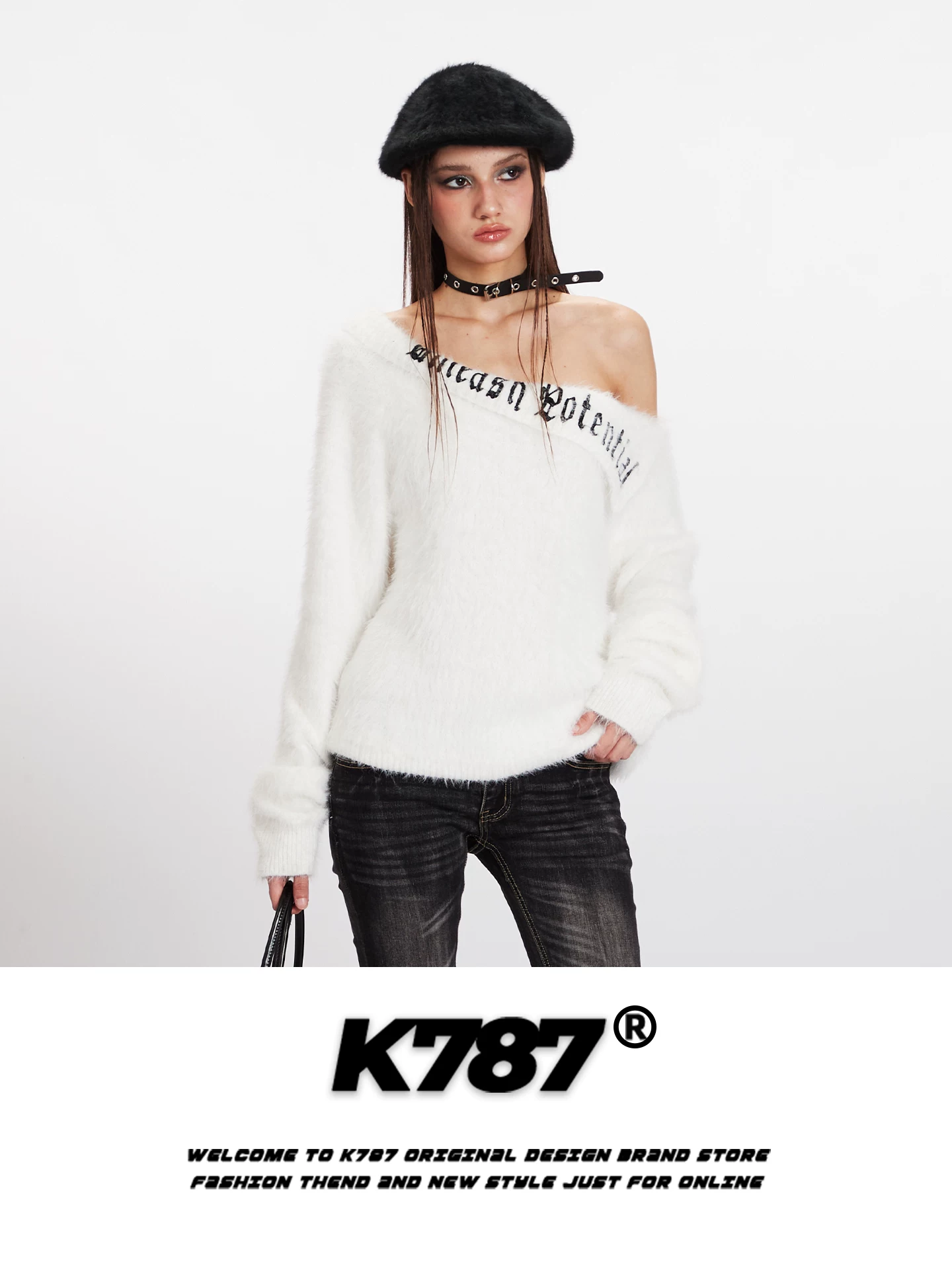 Áo len trễ vai giả mohair kiểu Mỹ K787 dành cho nữ, mềm mại và trẻ trung, tôn dáng, ấm áp, áo len ngắn hở vai