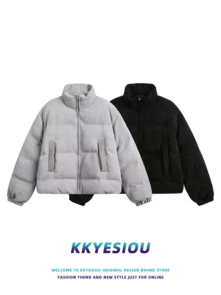 Áo khoác cotton cổ đứng dày dặn kiểu Mỹ cổ điển K787 dành cho nam và nữ, áo khoác cotton ngắn đi làm màu trơn cho mùa thu đông 2024.