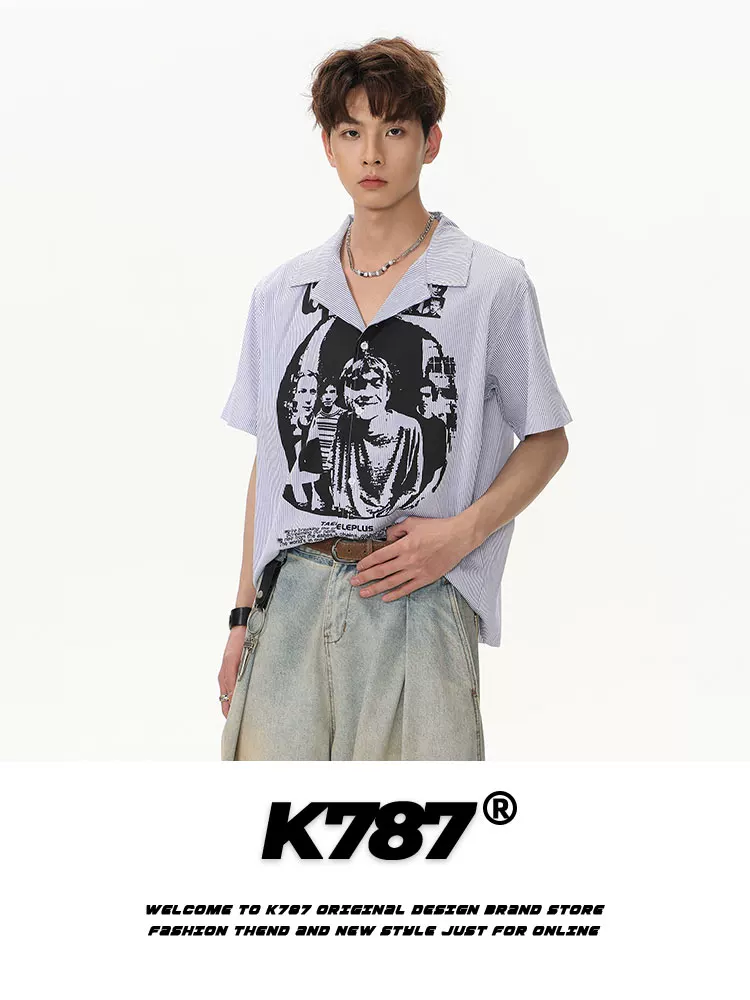 Áo sơ mi ngắn tay in hình chân dung cổ điển kiểu Mỹ K787 dành cho nam và nữ, áo cardigan phong cách cleanfit theo xu hướng quốc gia