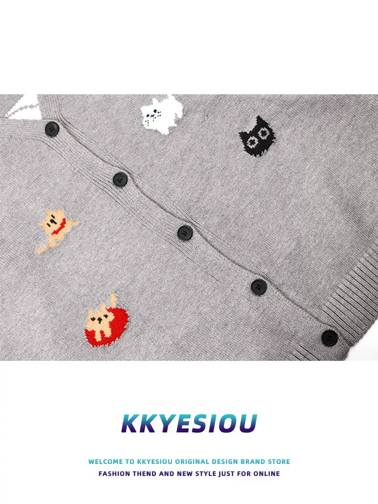 Áo len dệt kim cổ chữ V phong cách Nhật Bản KKyesiou, họa tiết mèo chó hoạt hình, unisex, phong cách đại học, đa năng, áo len thường ngày