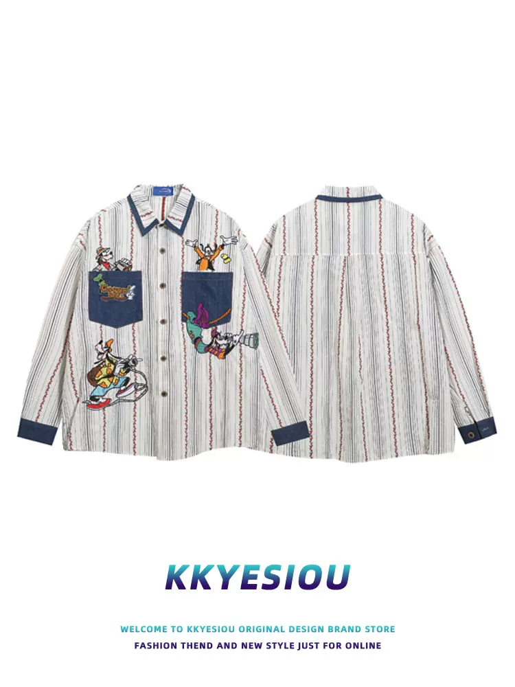 Áo sơ mi dài tay thêu sọc phong cách retro Mỹ KKyesiou dành cho nam và nữ, phong cách cổ điển, kiểu preppy, áo đôi