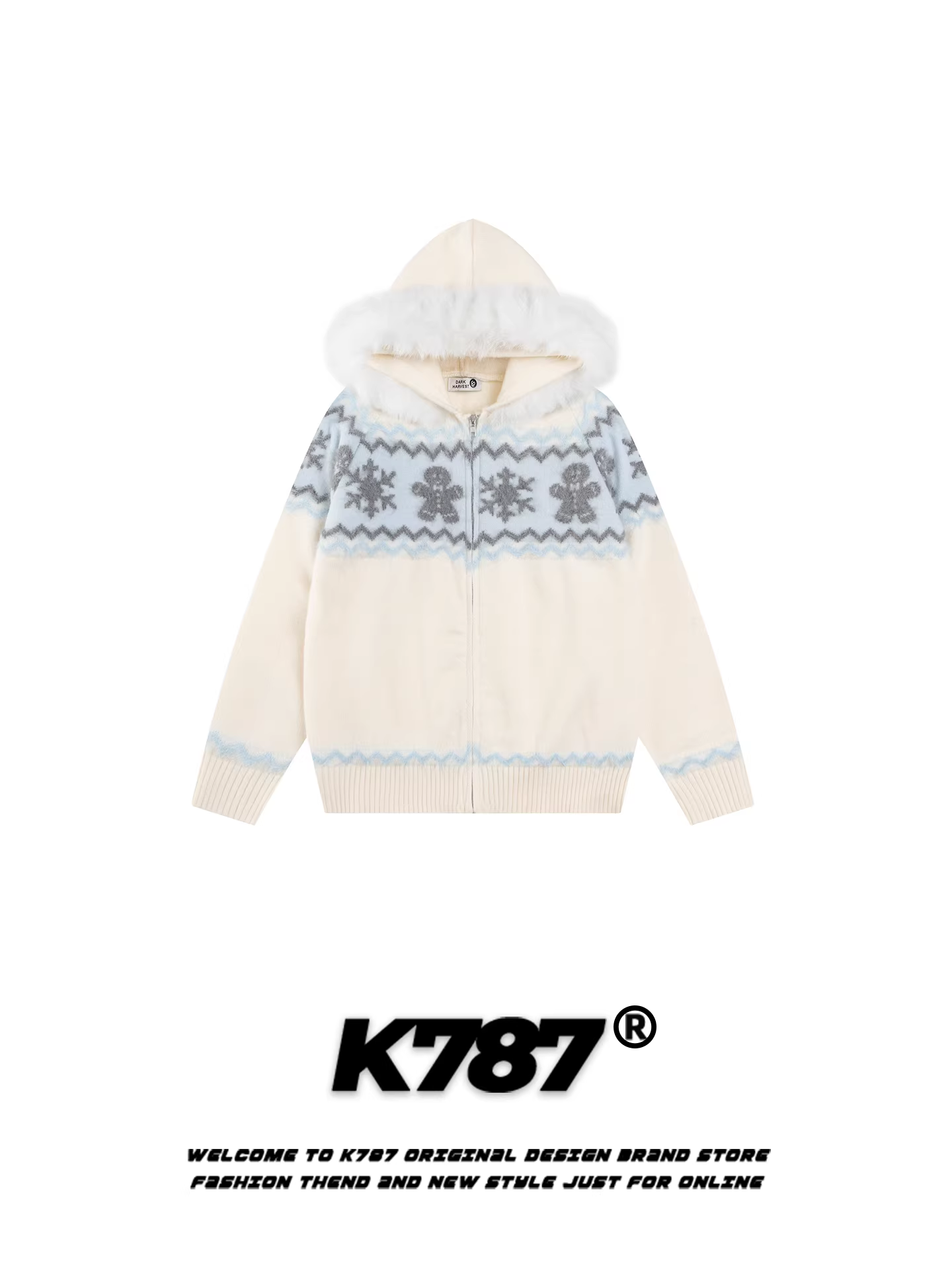 Áo len có mũ trùm đầu cổ lông kiểu Mỹ cổ điển K787 dành cho nam và nữ, dáng rộng, mùa thu đông, phong cách đại học, áo khoác dệt kim đôi