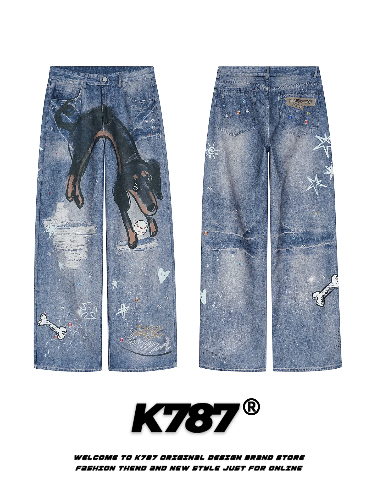K787 Quần jean in hình chú chó vui nhộn phong cách đường phố Mỹ unisex dáng rộng hợp thời trang quần ống rộng lưng cao đa năng