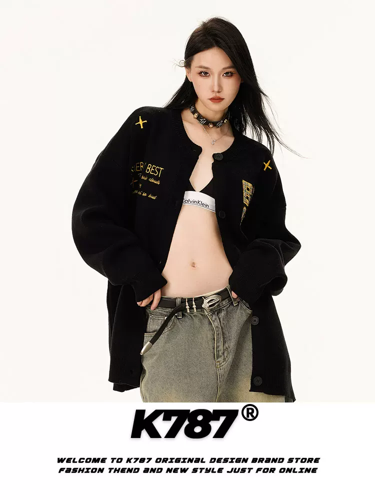 Áo cardigan dệt kim phong cách retro Mỹ K787 thêu chữ, kiểu dáng lười, unisex, áo len cặp đôi cổ điển, áo khoác phong cách ins