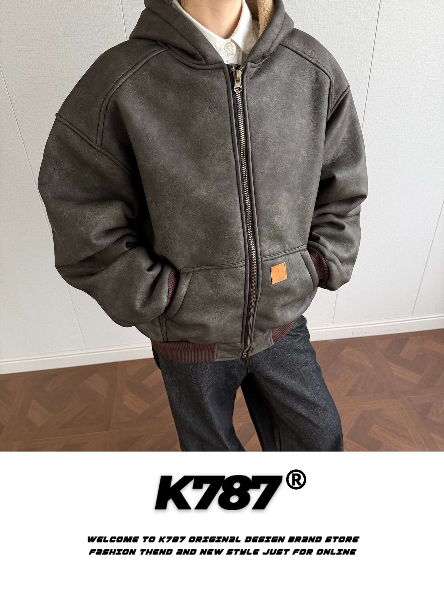 Áo khoác cotton có mũ trùm đầu bằng da PU kiểu cổ điển Mỹ K787 dành cho nam và nữ, áo khoác cotton rộng rãi, dày dặn, ấm áp dành cho cặp đôi.