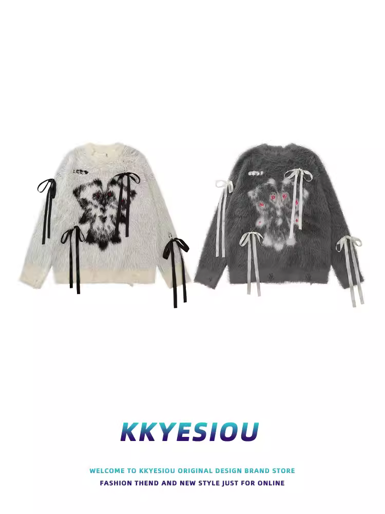 Áo len dệt kim mohair in hình hoạt hình dopamine phong cách KKyesiou, kiểu dáng lười biếng, unisex, mềm mại, có nơ