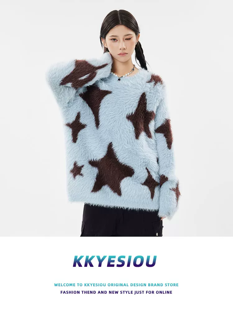 Áo len dệt kim hình sao mohair kiểu dáng cổ điển Mỹ, thương hiệu KKyesiou, unisex, dáng rộng, mặc thường ngày, dành cho cặp đôi