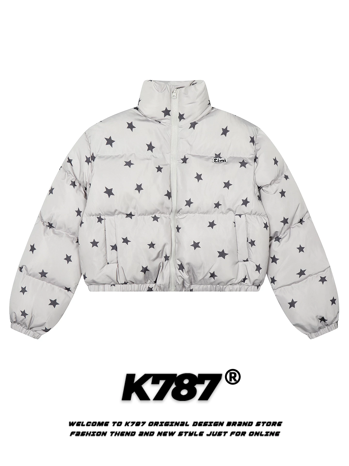 Áo khoác cotton cổ đứng in họa tiết sao toàn thân kiểu dáng nhẹ nhàng và ngọt ngào K787 dành cho nữ, kiểu dáng ngắn ấm áp, áo khoác phao ngắn giảm tuổi tác cho mùa đông.