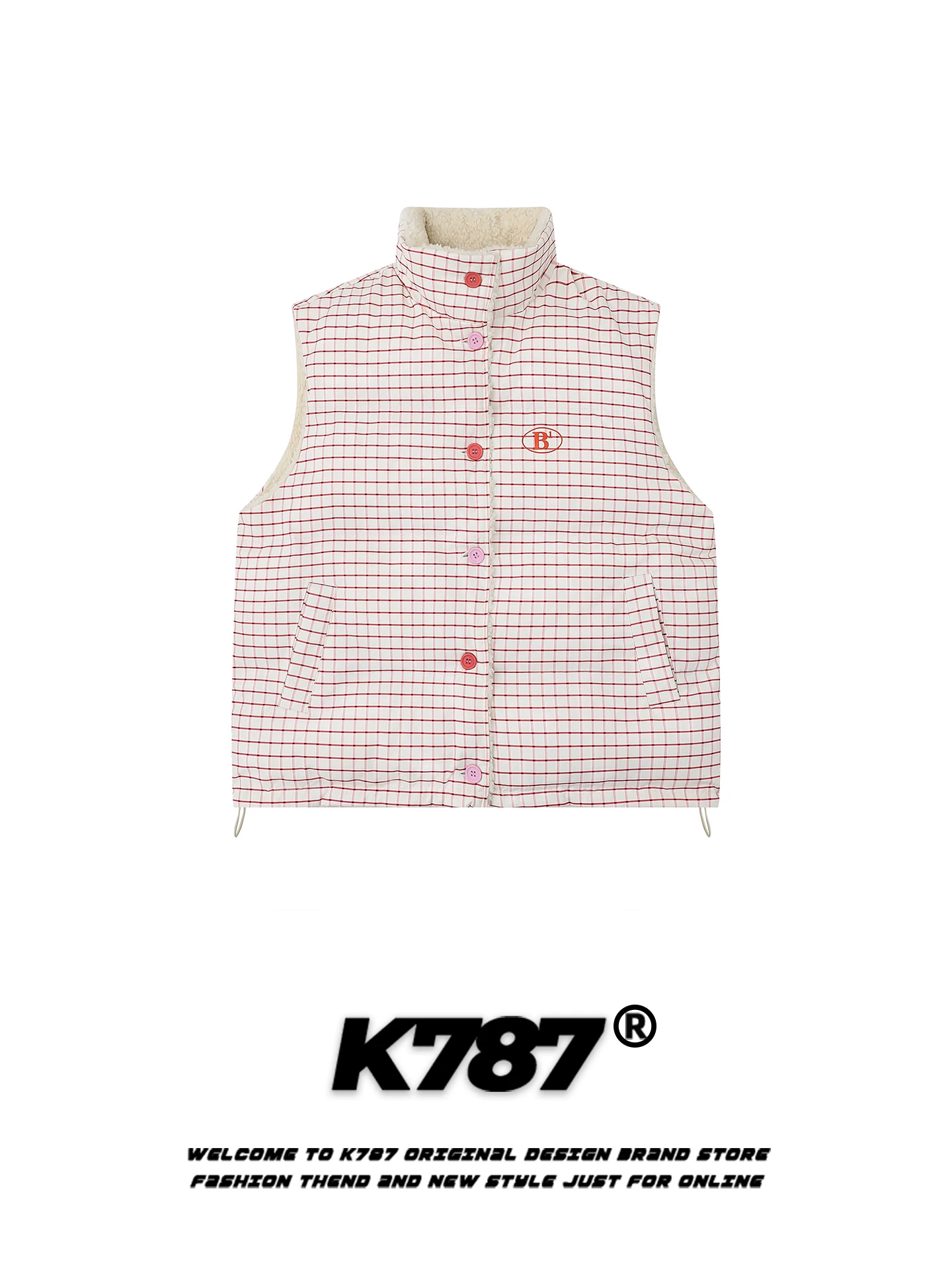 Áo khoác cotton kẻ caro kiểu Mỹ cổ điển K787 dành cho nữ, áo gile len cừu phong cách lười biếng, áo ghi lê dày dặn.