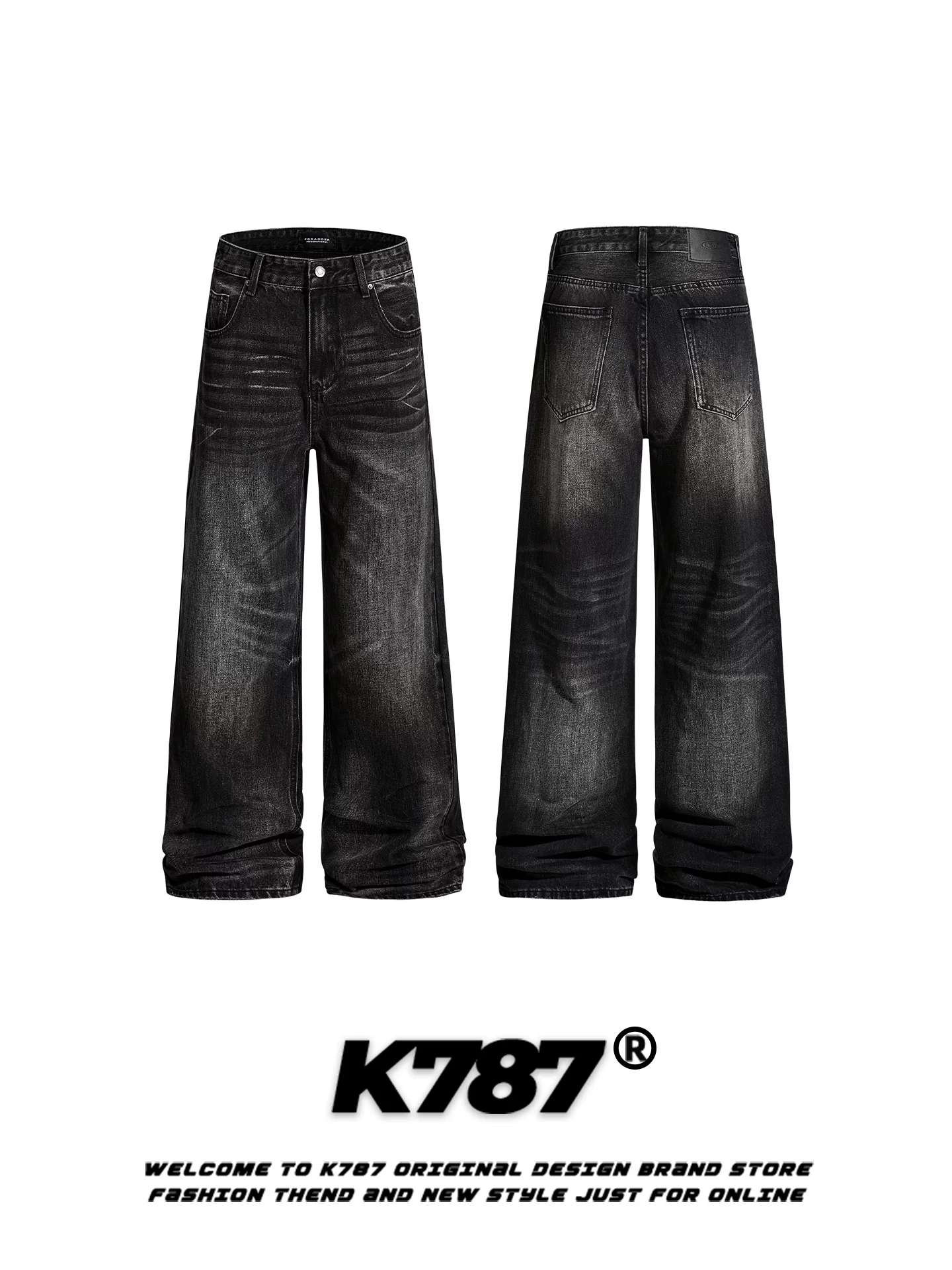Quần jeans K787 kiểu Mỹ cổ điển, xước, phai màu dành cho nam và nữ, cạp cao, phong cách đường phố, tôn dáng, quần ống đứng/thẳng rộng, kiểu thường ngày