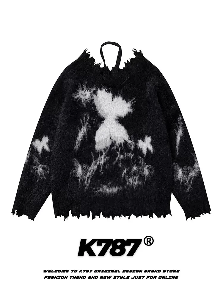 Áo len nữ kiểu dáng K787, cổ halter buộc dây, chất liệu len đan xù, họa tiết graffiti bướm, kiểu dáng áo len cổ V, chất liệu mohair, phong cách dễ thương.