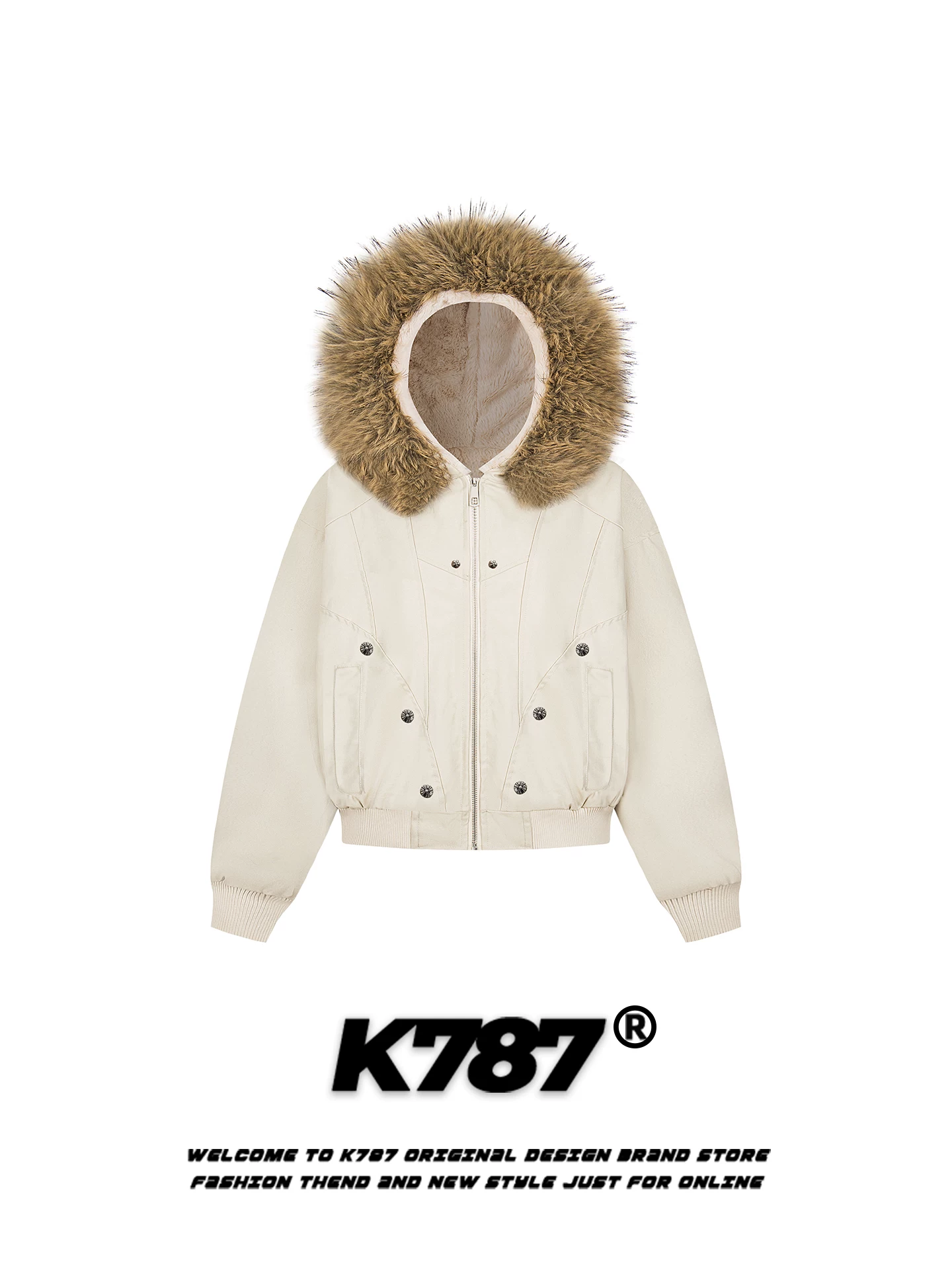 Áo khoác cotton có mũ trùm đầu cổ lông phong cách retro Mỹ K787 dành cho nam, áo khoác cotton có khóa kéo ấm áp, rộng rãi, kiểu dáng cặp đôi.