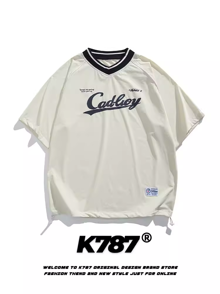 Áo thun ngắn tay cổ chữ V thể thao sọc cổ điển kiểu Mỹ K787 dành cho nam và nữ, nhanh khô, viền buộc dây, phong cách đại học, tay lửng rộng.