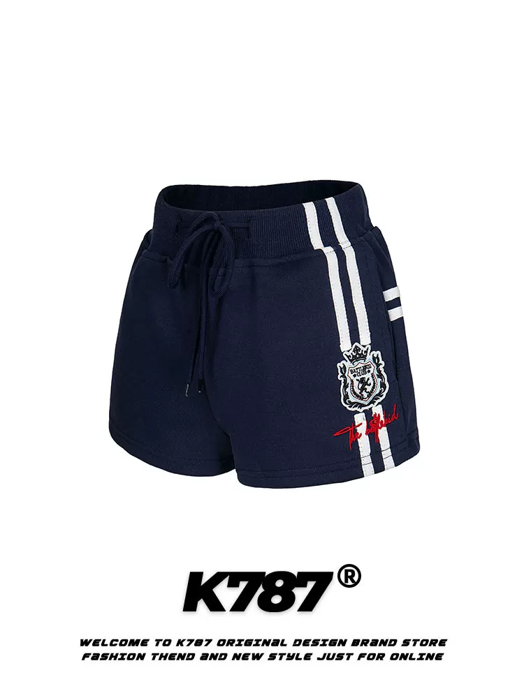 Quần short nữ K787 phong cách đường phố cá tính, sọc kẻ, cạp cao, dáng thẳng, chất liệu thun, phong cách thể thao, ngọt ngào, cá tính, kiểu dáng BM, thêu họa tiết, quần ba phần.