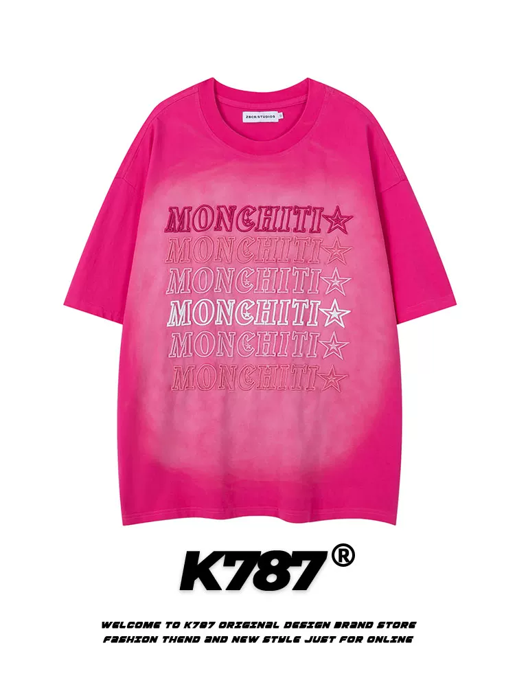 K787 Áo thun ngắn tay thêu chữ theo xu hướng quốc gia cổ điển của Mỹ dành cho nam và nữ hip-hop phun sơn gradient áo đôi