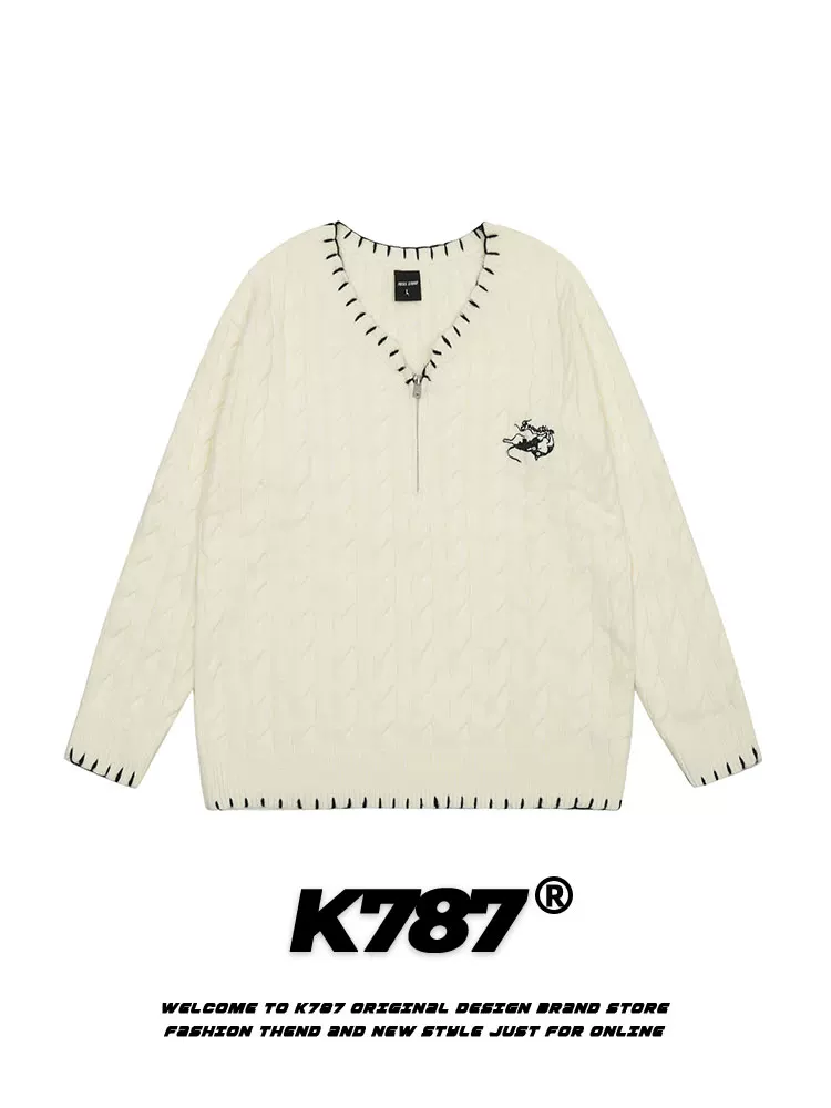 K787 Áo len dệt kim cổ chữ V phong cách retro kiểu Mỹ dành cho nam và nữ, áo len cặp đôi kiểu dáng vui nhộn, nhẹ nhàng, sang trọng