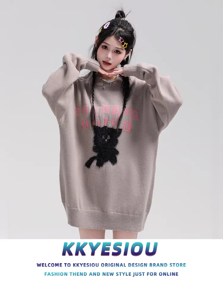 Áo len cặp đôi mèo dễ thương phong cách retro Mỹ, unisex, kiểu dáng học sinh, đa năng, rộng rãi.