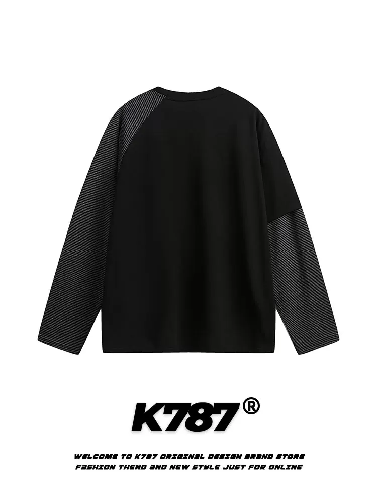 K787 Áo thun cổ lọ in họa tiết sọc cổ điển kiểu Mỹ unisex phong cách hip-hop, dáng dài bất quy tắc, tay dài