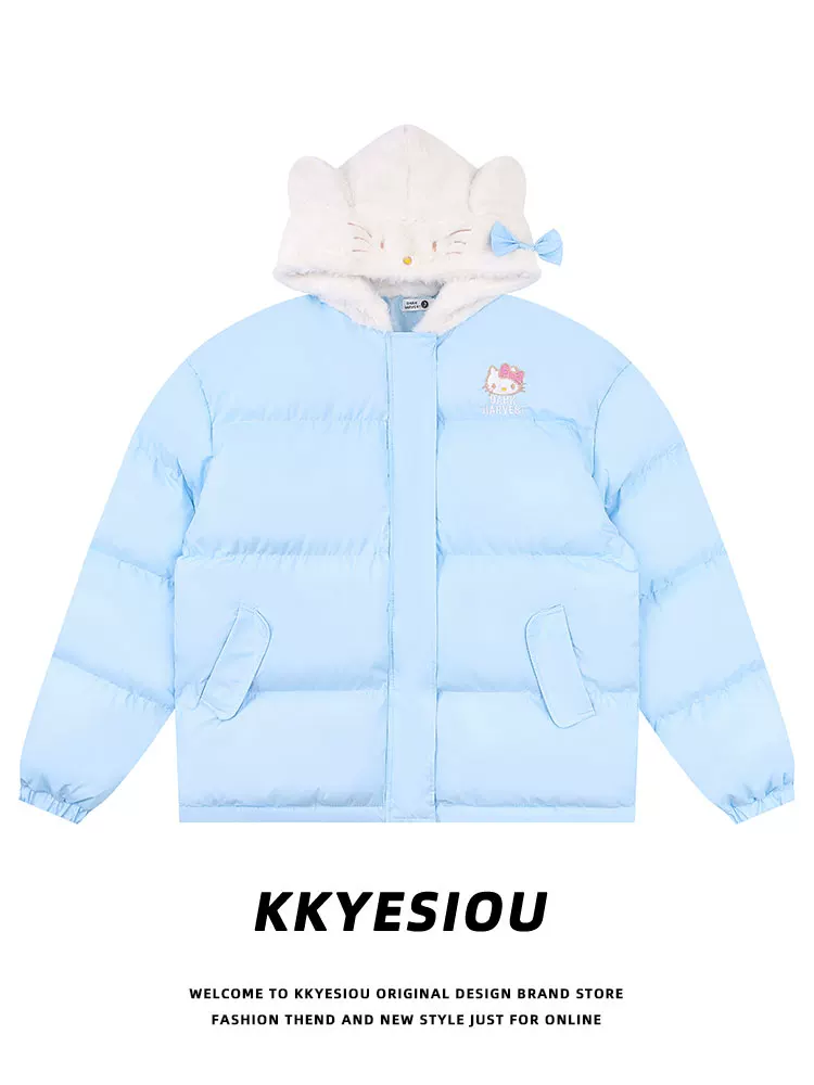 Áo khoác cotton kiểu retro đại học Mỹ KKyesiou dành cho nam và nữ, áo khoác bánh mì Hello Kitty dopamine, áo khoác đôi