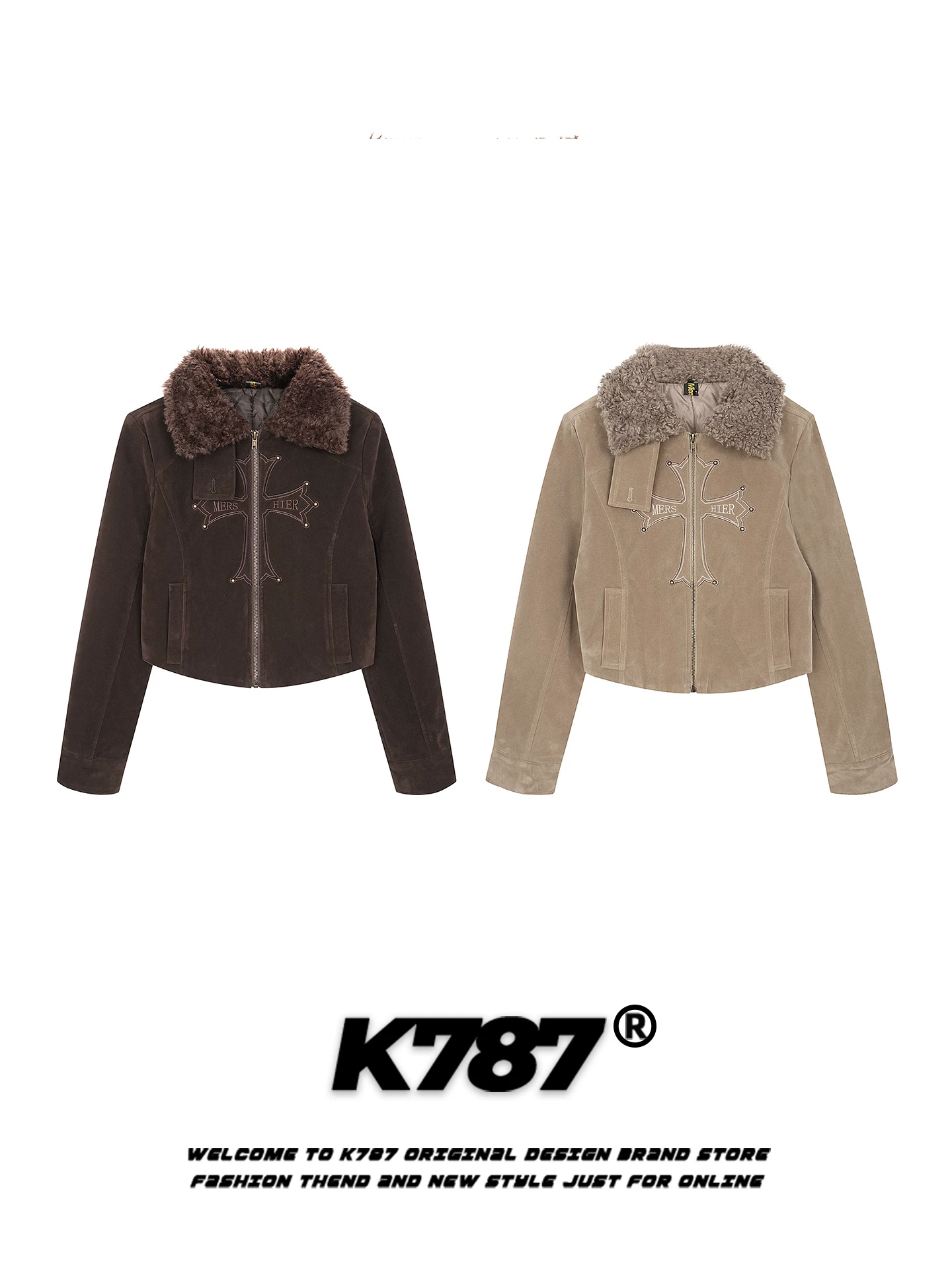 Áo khoác cotton cổ lông đính cườm kiểu Mỹ cổ điển K787 dành cho nữ, ấm áp và dày dặn, áo khoác cotton ngắn phong cách Gothic cho mùa đông.