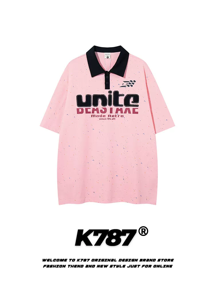 K787 Áo thun ngắn tay thêu bầu trời đầy sao theo phong cách retro của Mỹ unisex đa năng áo sơ mi polo màu sắc thông thường