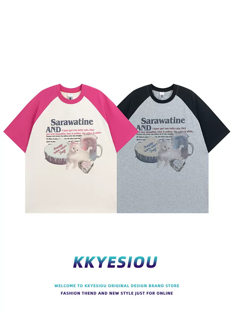 Áo thun ngắn tay màu đỏ hồng kiểu raglan cổ điển của Mỹ KKyesiou dành cho nam và nữ áo đôi cotton nguyên chất cỡ lớn
