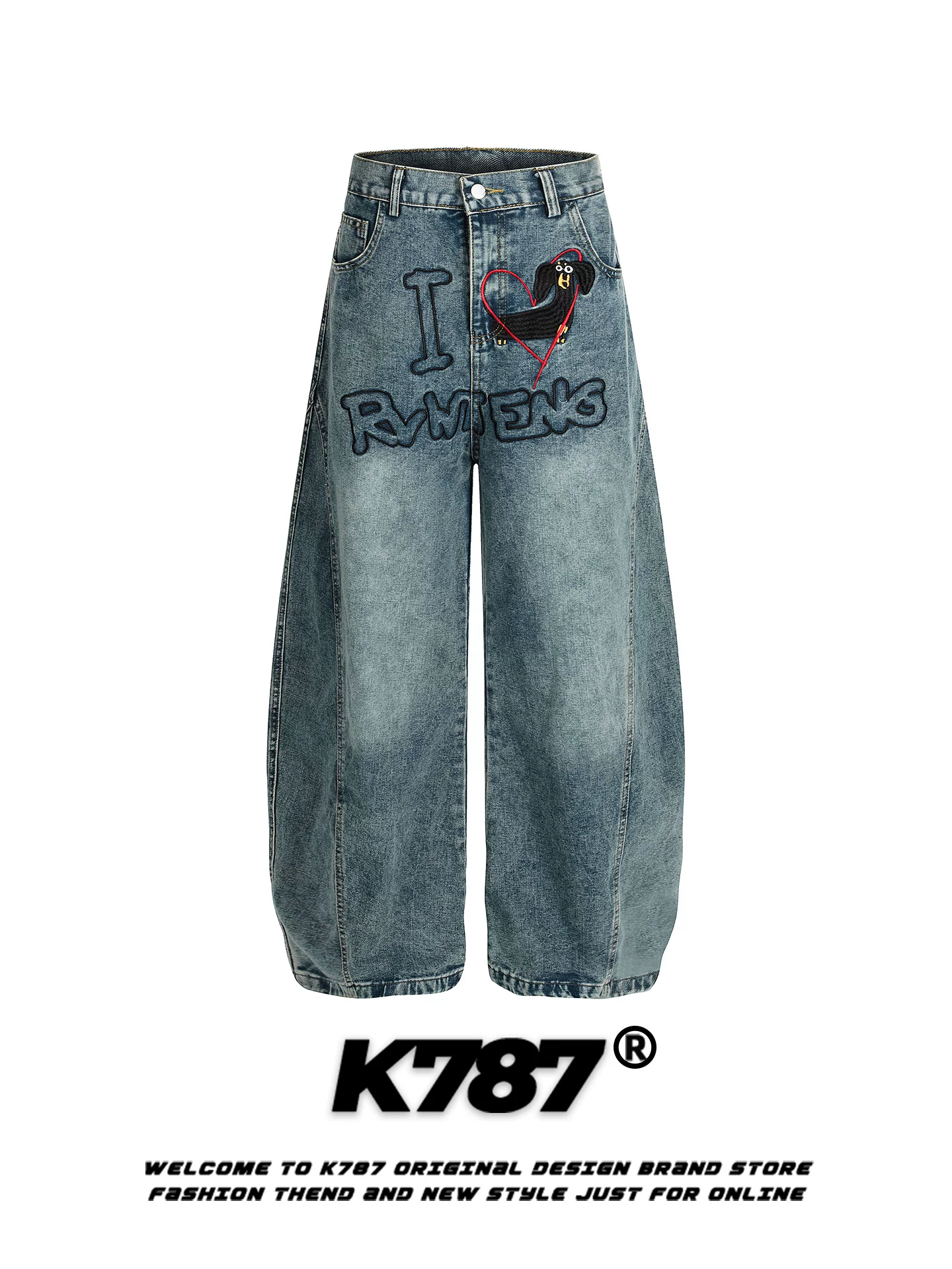 Quần jeans thêu chữ kiểu đường phố Mỹ K787 dành cho nam và nữ, cạp cao, dáng rộng, chất liệu washed, phong cách casual.