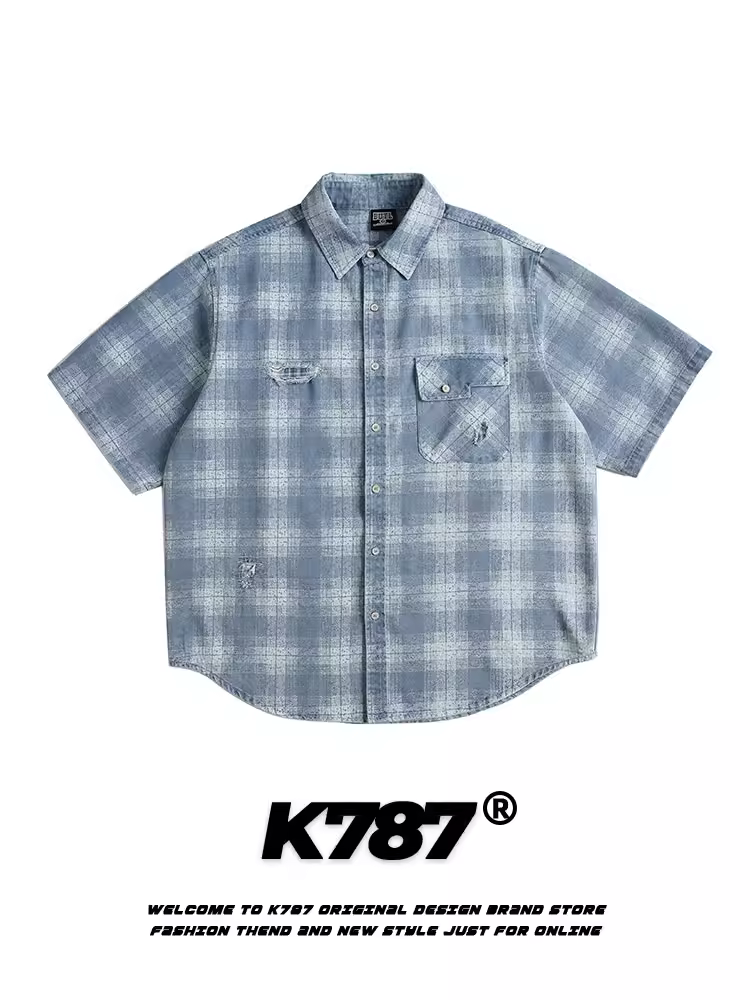 Áo sơ mi ngắn tay kiểu Mỹ cổ điển K787, họa tiết ca rô, phong cách casual, thiết kế rách cá tính, dành cho nam và nữ, kiểu dáng vintage, rộng rãi, đa năng, kiểu cardigan nửa tay.