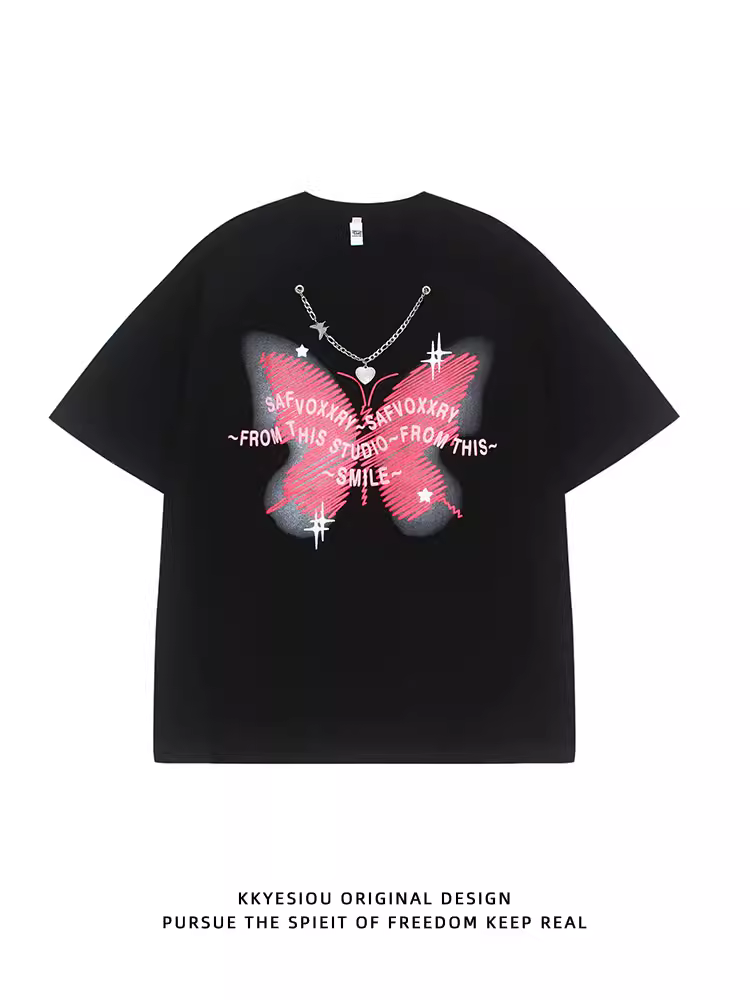 Áo thun ngắn tay in hình bướm cổ điển của Mỹ KKyesiou dành cho nam và nữ, thiết kế vòng cổ kiểu lười biếng, áo thun đôi