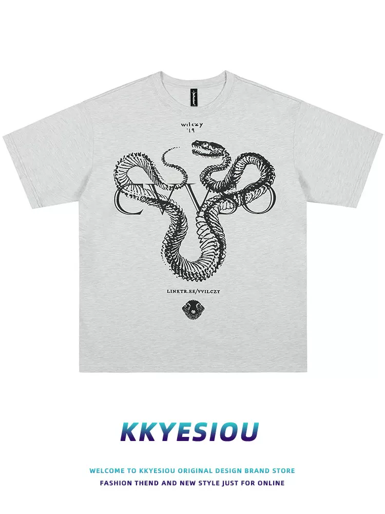 Áo thun ngắn tay KKyesiou phong cách retro Mỹ, hip-hop, họa tiết rắn, unisex, dáng rộng, chất liệu washed, dành cho cặp đôi