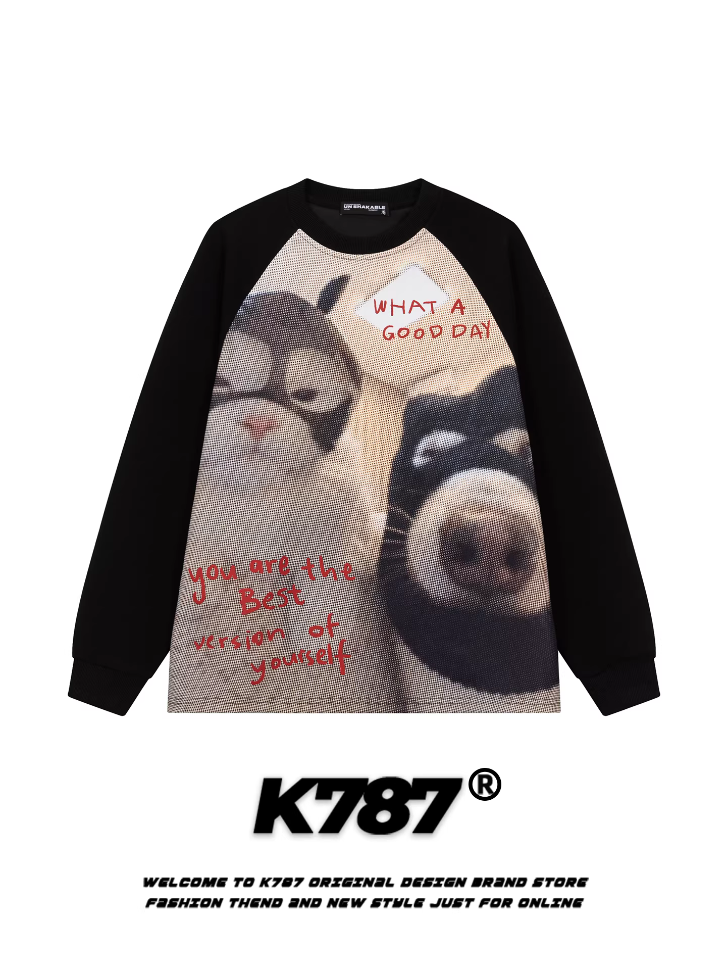 K787 Áo thun dài tay phong cách đường phố Mỹ vui nhộn hình mèo và chó dành cho nam và nữ cổ điển giản dị đa năng áo cặp đôi mùa thu