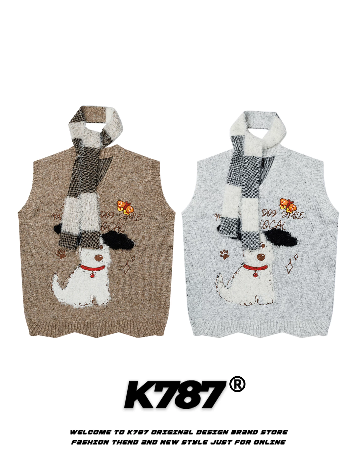 Áo len dệt kim cổ V không tay kiểu dáng hoạt hình chó phong cách đường phố Mỹ K787, unisex, dáng rộng, kiểu vest
