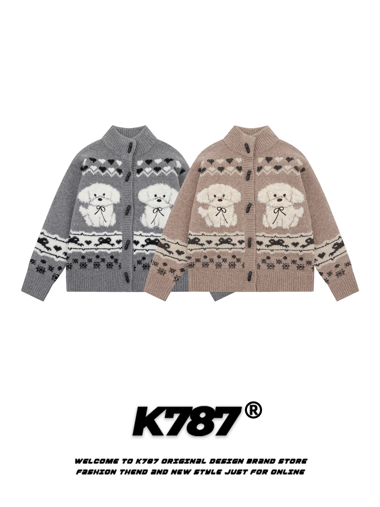 Áo cardigan len dệt kim kiểu đường phố Mỹ K787 họa tiết chó ngộ nghĩnh dành cho nam và nữ, có khuy cài, kiểu dáng dân tộc, áo len ngắn.
