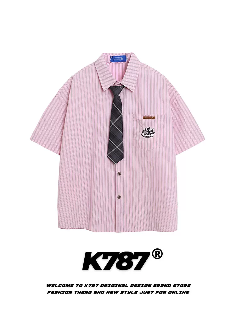 Áo sơ mi ngắn tay unisex phong cách retro Mỹ, kẻ sọc, kiểu học sinh, đa năng, mùa hè 2025, kiểu cardigan nửa tay