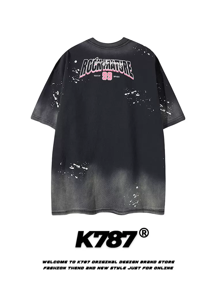 K787 Áo thun ngắn tay phong cách retro vui nhộn của Mỹ có họa tiết graffiti đau khổ dành cho nam và nữ Áo thun nửa tay cỡ lớn dành cho cặp đôi