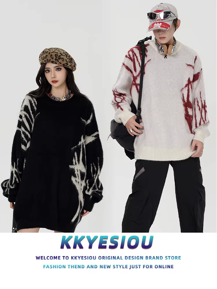 Áo len cặp đôi thiết kế retro Mỹ, họa tiết graffiti bất đối xứng, dáng rộng, chất liệu len dệt kim, dành cho nam và nữ