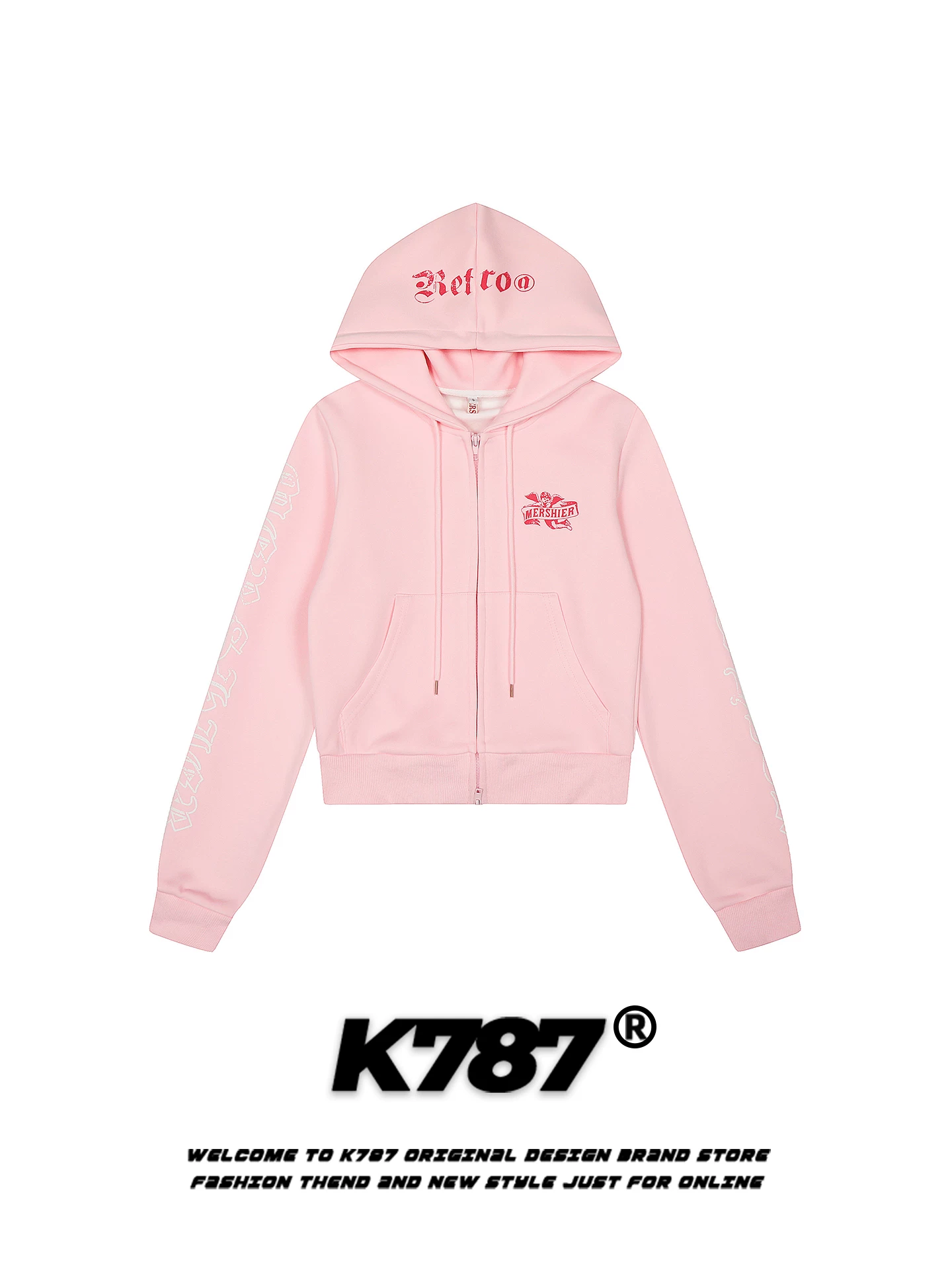 Áo hoodie in chữ phong cách Mỹ K787 dành cho nữ, áo khoác cardigan ngắn màu hồng ngọt ngào và mát mẻ có khóa kéo