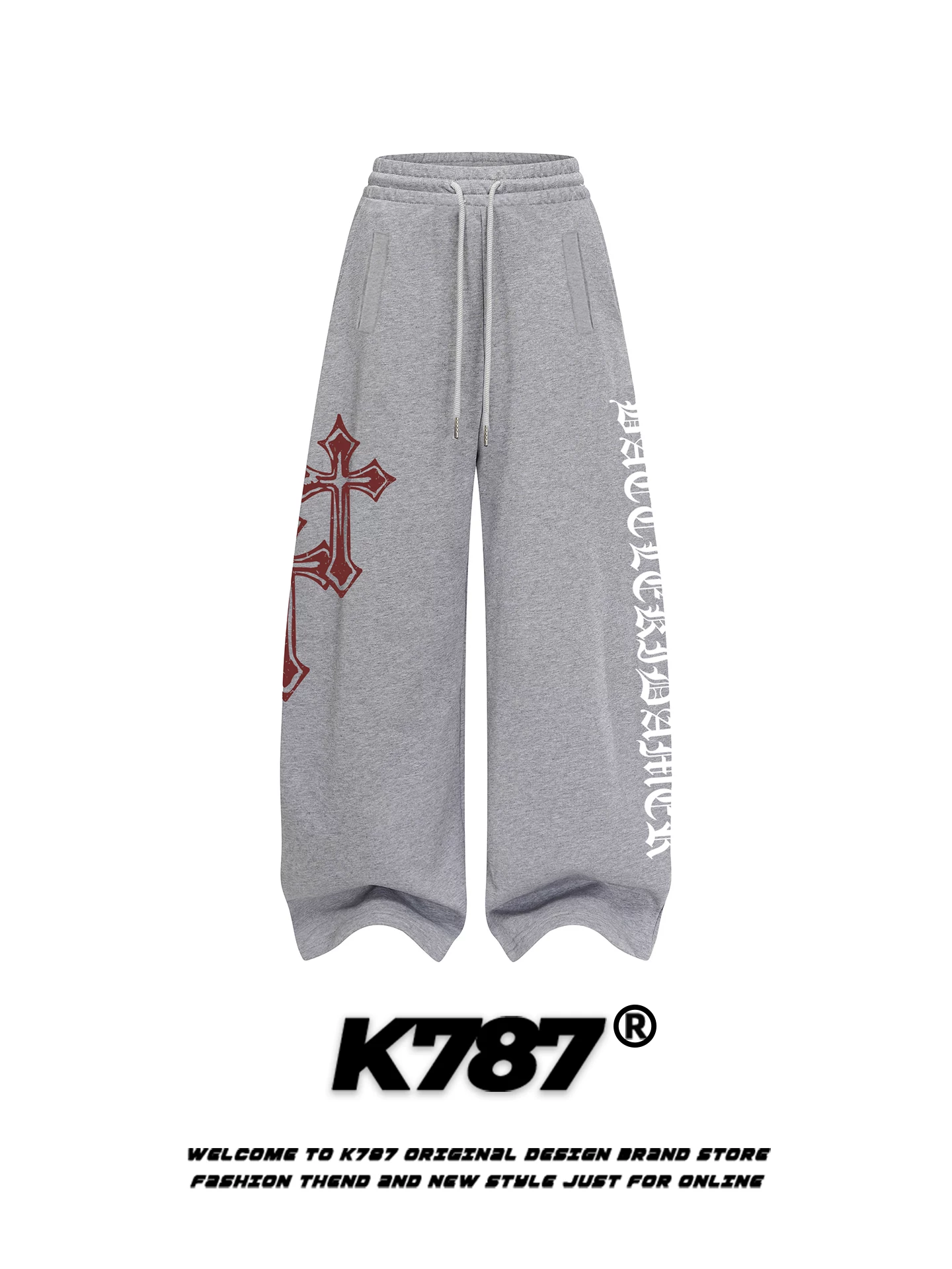 Quần jogger unisex kiểu Mỹ cổ điển K787, in họa tiết chéo, dáng rộng, cạp cao, dây rút, ống rộng, thích hợp cho khiêu vũ đường phố