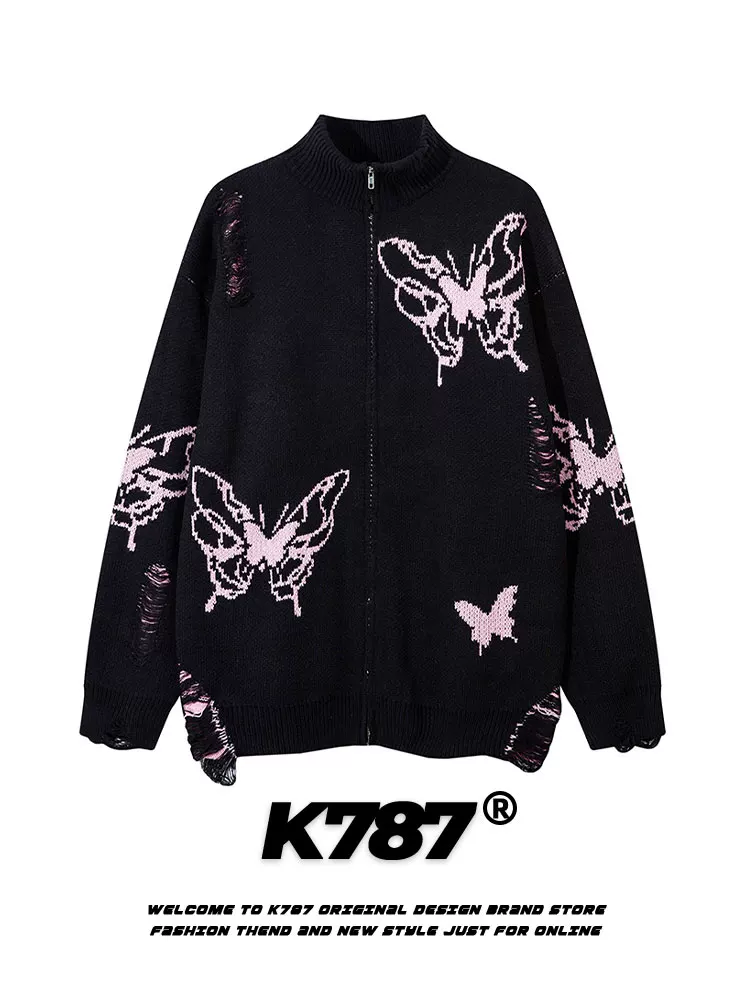 Áo cardigan dệt kim thiết kế hip-hop cá tính K787, kiểu dáng bướm, unisex, phong cách retro Mỹ, áo khoác cặp đôi