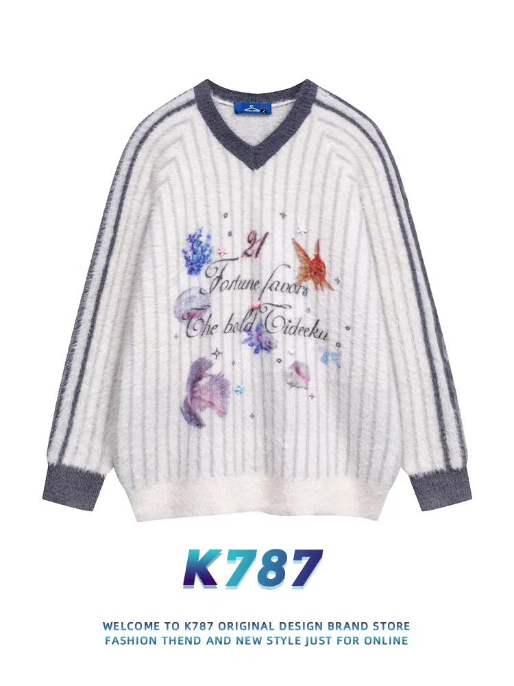 Áo len dệt kim cổ V sọc giản dị K787 dành cho nam và nữ, xu hướng quốc gia thể thao giản dị Mỹ mùa đông 2024, áo len đôi