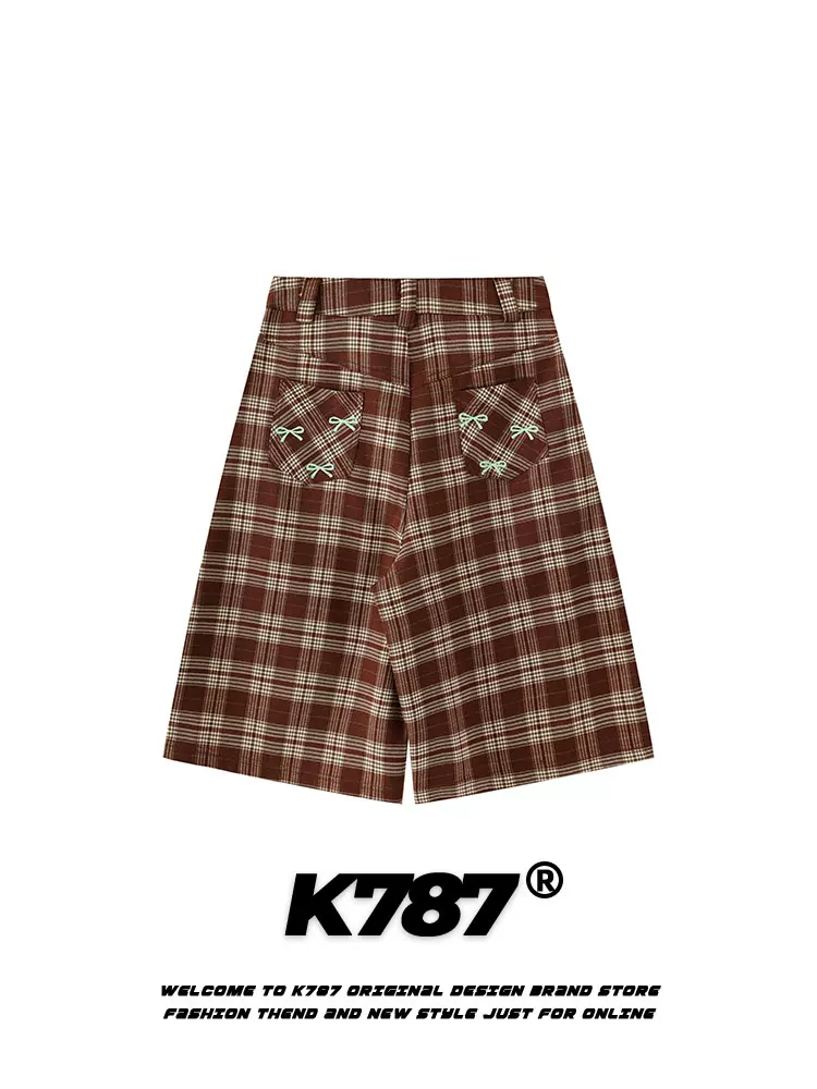 Quần ống rộng unisex kiểu dáng xu hướng đường phố, cạp cao, chất liệu kẻ caro, in họa tiết hoạt hình retro Mỹ, kiểu dáng lửng, rộng rãi, thoải mái, mã K787