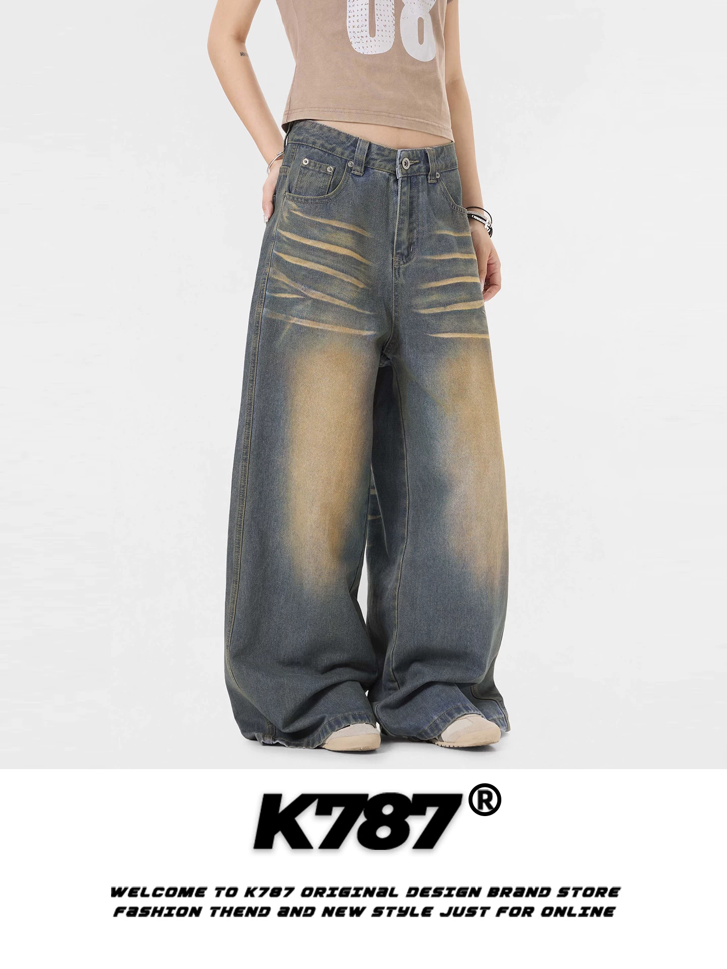 Quần jeans K787 kiểu Mỹ cổ điển màu vàng đất, xước cũ, dành cho nam và nữ, cạp cao, kiểu dáng thời thượng, rộng rãi, thẳng, phong cách đường phố, quần ống rộng