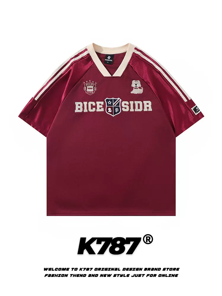 K787 Áo thun thể thao cổ chữ V cổ điển kiểu Mỹ thêu tay ngắn unisex blokecore jersey áo thun cặp đôi
