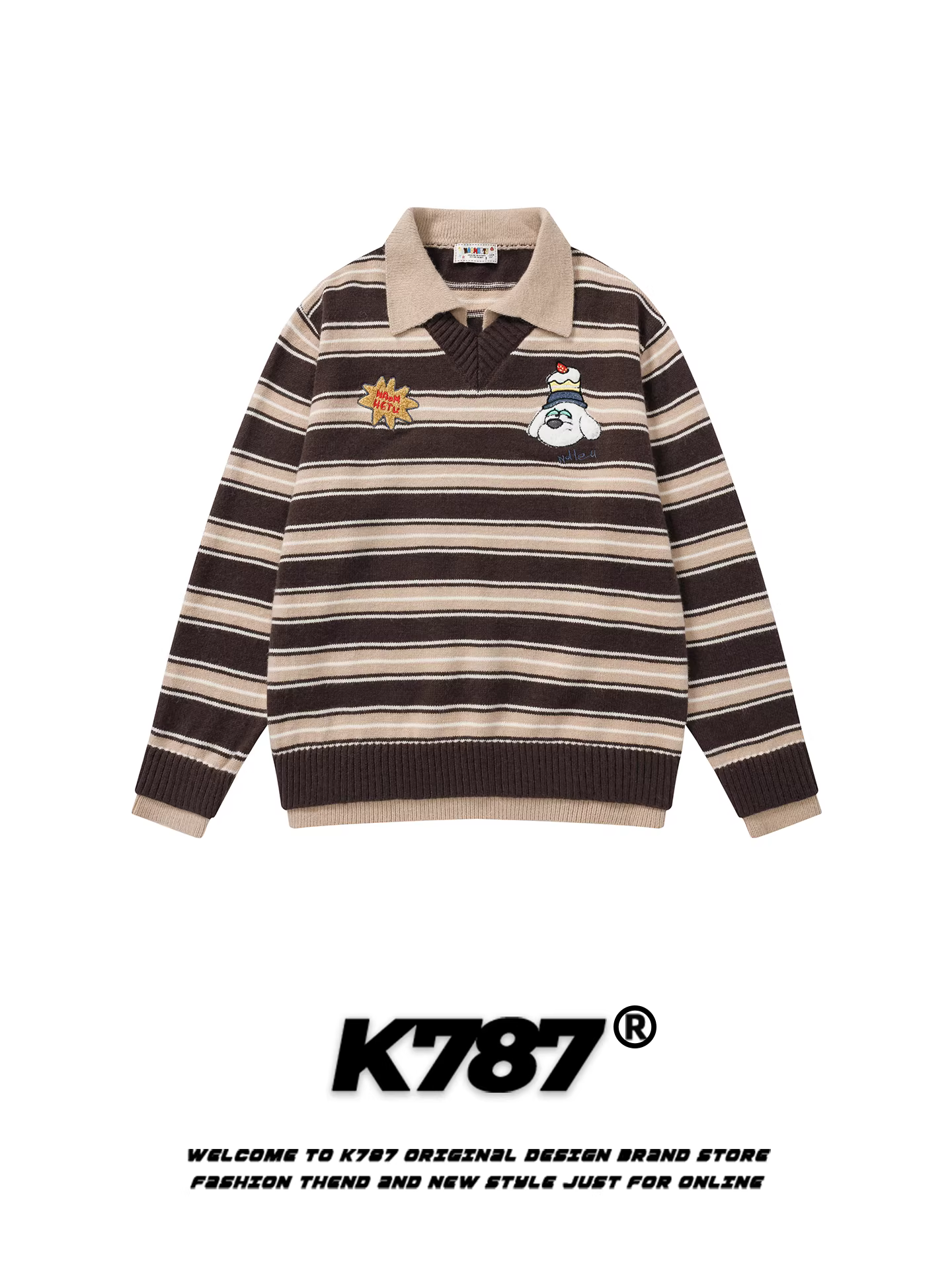 K787 Áo len thêu chó cổ điển kiểu Mỹ có cổ sọc hợp thời trang dáng rộng giả hai mảnh áo dệt kim thông thường dành cho cặp đôi