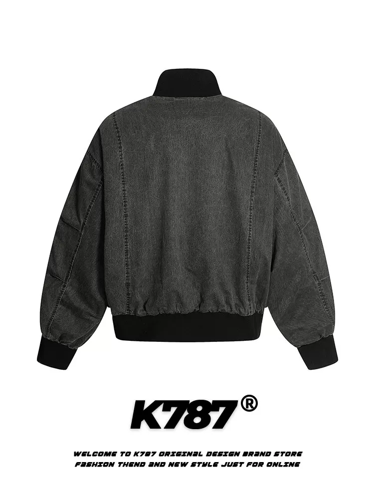Áo khoác ngắn kiểu đường phố Mỹ K787, chất liệu vintage đã qua xử lý, unisex, dáng ôm, cổ đứng, phong cách biker, áo đôi mùa thu