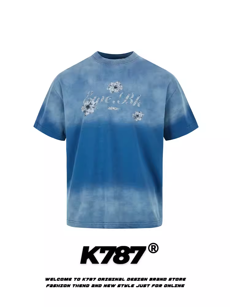 K787 Áo thun ngắn tay phong cách Mỹ hợp thời trang, kiểu dáng lười biếng, màu gradient, dành cho nam và nữ, kiểu dáng regular, tay lửng, mùa hè